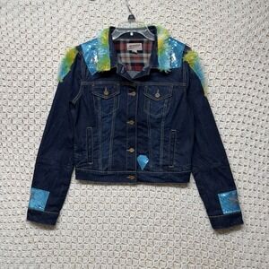 Arizona Jean Co Denim jacket Women Sz M Blue sequin Geometric patch